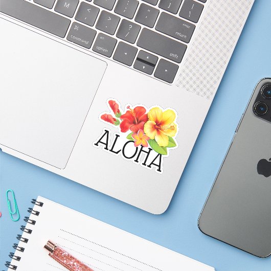 Aloha Hawaiian Flowers Sticker (Laptop met iPhone)