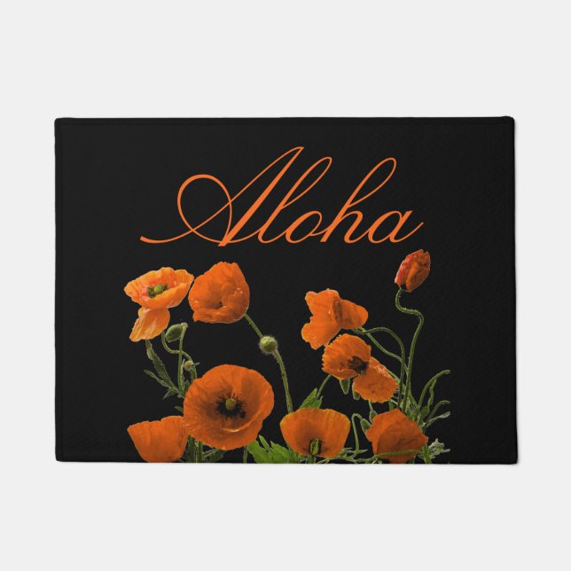 Aloha Hawaiian Hibiscus Flower Floral Black Oranje Deurmat (Voorkant)