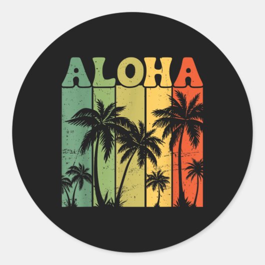 Aloha Hawaiian Island Palm Trees Surfboard Beach H Ronde Sticker (Voorkant)