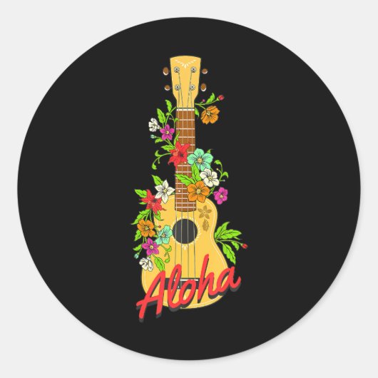 Aloha Hawaiian Island Ukulele Bloemen Aloha Ronde Sticker (Voorkant)