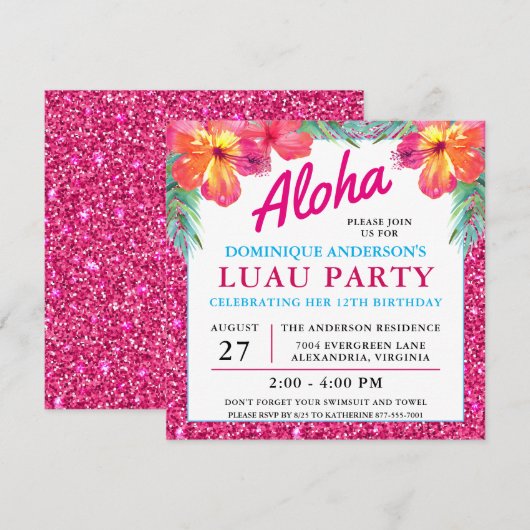 Aloha Hawaiian Luau Hibiscus Pink Glitter (Voorkant / Achterkant)