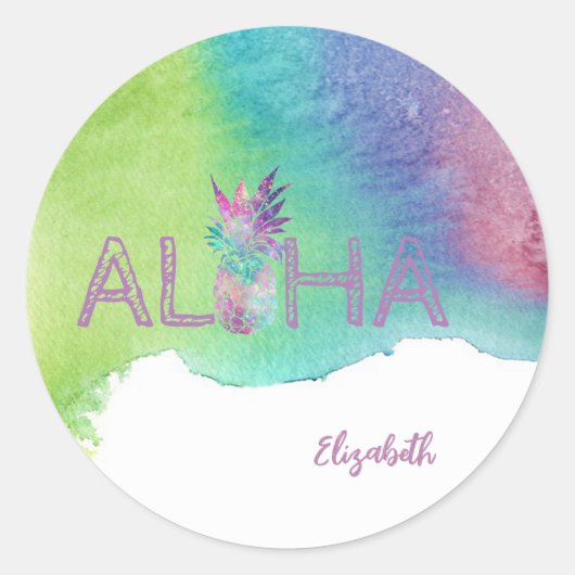 Aloha Hawaiian Pineappel, Waterverf Splash Ronde Sticker (Voorkant)