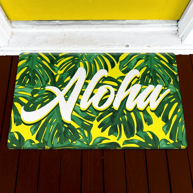 Aloha Hawaiian Tropical Green Yellow Palm Leaves Deurmat (Creator heeft geüpload)