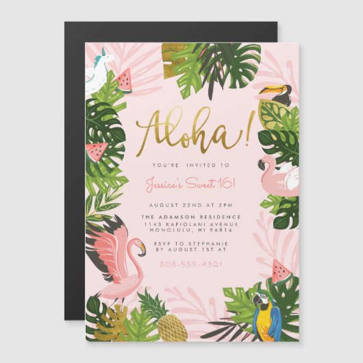 Aloha! | Hawaiian Tropical Summer Flamingo Party Magnetische Uitnodiging (Voorkant / Achterkant)