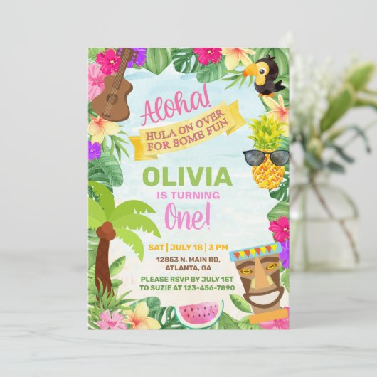 Aloha hawaiian tropisch strandmeisje op uitnodigin kaart (Staand voorkant)