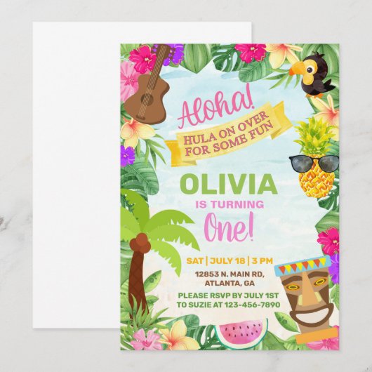 Aloha hawaiian tropisch strandmeisje op uitnodigin kaart (Voorkant / Achterkant)