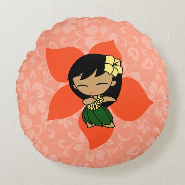 Aloha Honeys Hawaiian Hibiscus  Hula Meisje Rond Kussen (Voorkant)