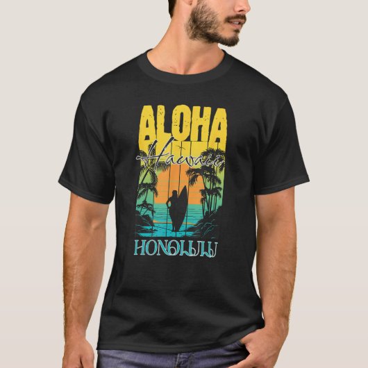 Aloha Honolulu Oahu Hawaii Surfer Sunset Waikiki B T-shirt (Voorkant)