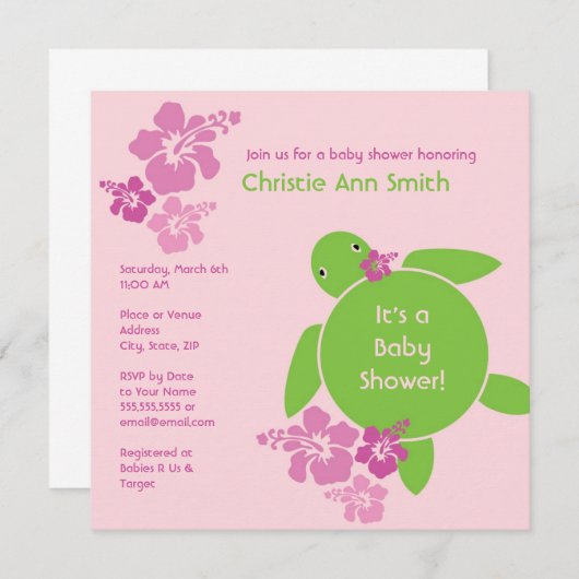 Aloha Honu Baby shower Uitnodiging - Roze (Voorkant / Achterkant)