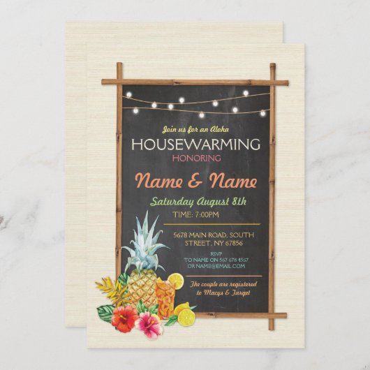Aloha Housewarming Luau Tiki New Home Invite Kaart (Voorkant / Achterkant)