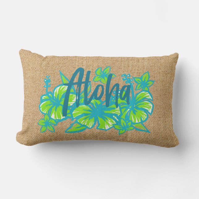 Aloha Kakahiaka Hawaiian Hibiscus Faux Grass Cloth Buitenkussen (Voorkant)