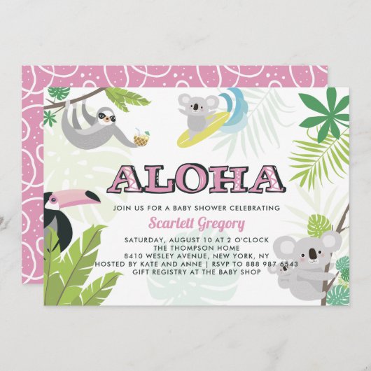 Aloha Koala - Uitnodiging tot Tropisch Roze Baby s (Voorkant / Achterkant)
