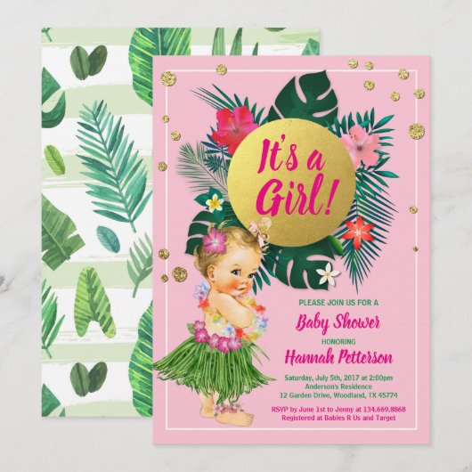 Aloha luau baby meisje douche uitnodiging roze gou (Voorkant / Achterkant)