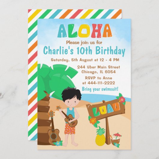 Aloha Luau Beach Birthday Black Hair Boy Kaart (Voorkant / Achterkant)