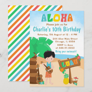 Aloha Luau Beach Birthday Black Hair Boy Kaart