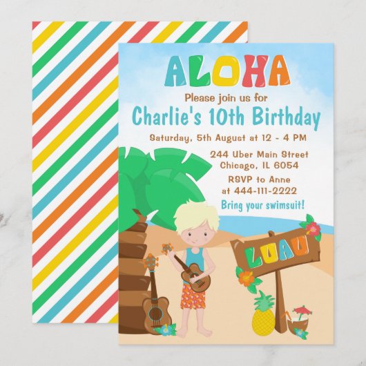 Aloha Luau Beach Birthday Blonde Hair Boy Invitati Kaart (Voorkant / Achterkant)