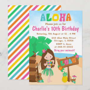Aloha Luau Beach Birthday Brown Hair Girl Invitati Kaart