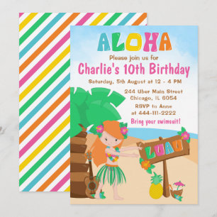 Aloha Luau Beach Birthday Red Hair Girl Uitnodigin Kaart