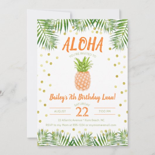 Aloha Luau Birthday Invitation Tropical Pineapple Kaart (Voorkant)