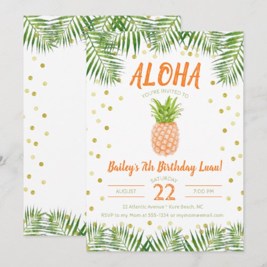 Aloha Luau Birthday Invitation Tropical Pineapple Kaart (Voorkant / Achterkant)
