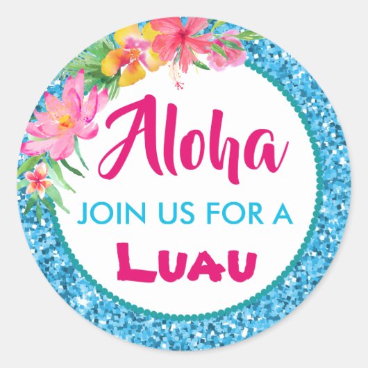 Aloha Luau Blauwe Glitter Tropische Hibiscus Klass Ronde Sticker (Voorkant)