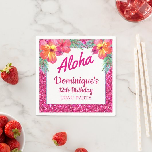 Aloha Luau Feest Glitter Tropische Hibiscus Papier Servet (Insitu)