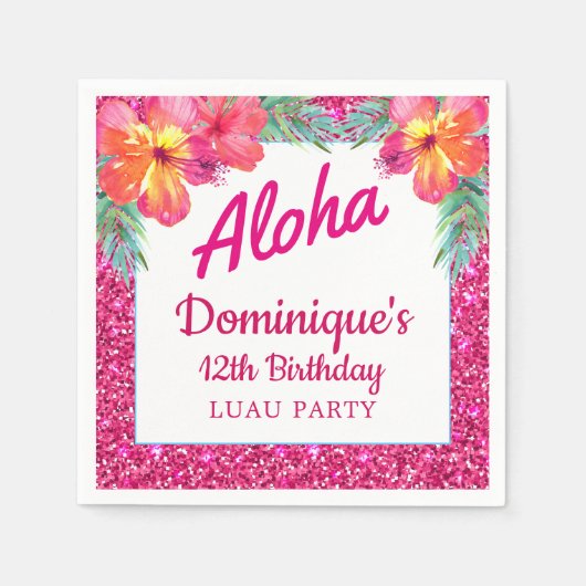 Aloha Luau Feest Glitter Tropische Hibiscus Papier Servet (Voorkant)