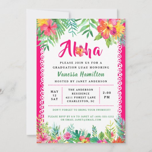 Aloha Luau Party Tropical Afstuderen Invitation Kaart (Voorkant)