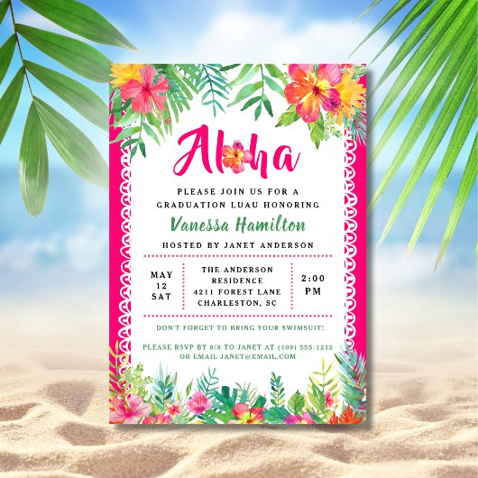 Aloha Luau Party Tropical Afstuderen Invitation Kaart