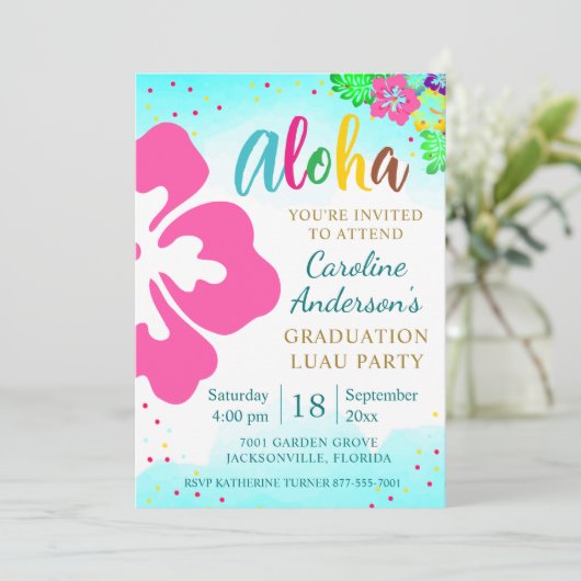 Aloha Luau Party Tropisch Hibiscus Afstuderen Kaart (Staand voorkant)
