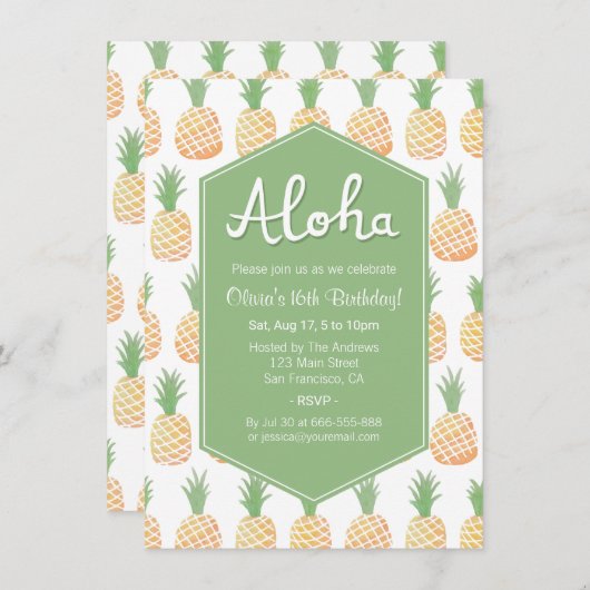 Aloha Luau Pineapple Birthday Party Invitations Kaart (Voorkant / Achterkant)
