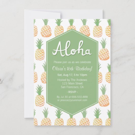 Aloha Luau Pineapple Birthday Party Invitations Kaart (Voorkant)