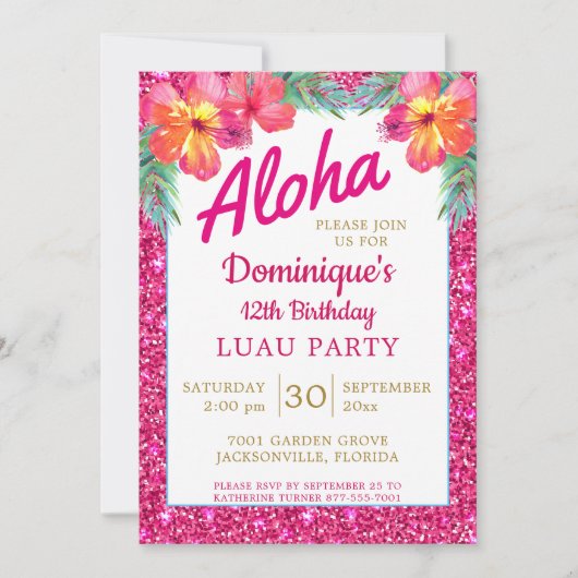 Aloha Luau Pink Glitter Tropical Hibiscus Kaart (Voorkant)