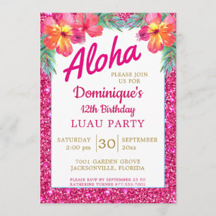 Aloha Luau Pink Glitter Tropical Hibiscus Kaart