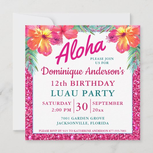 Aloha Luau Pink Glitter Tropical Hibiscus Square (Voorkant)