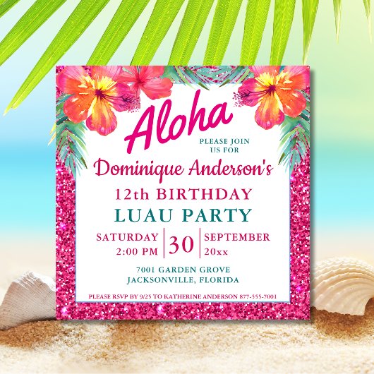 Aloha Luau Roze Glitter Tropisch Vierkant Versie 2