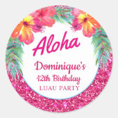Aloha Luau Roze Glitter Tropische Hibiscus Ronde Sticker (Voorkant)