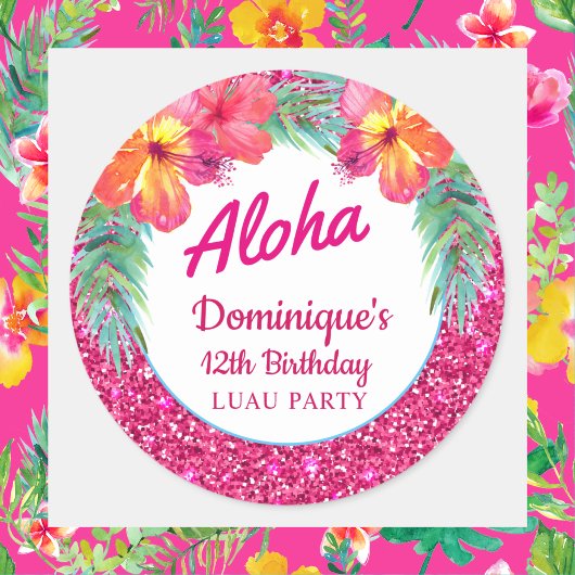 Aloha Luau Roze Glitter Tropische Hibiscus Ronde Sticker
