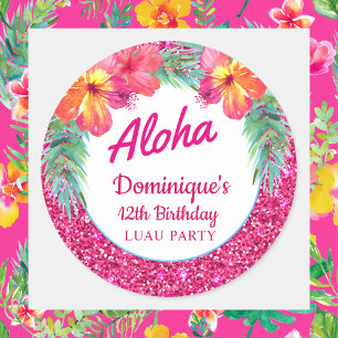 Aloha Luau Roze Glitters Tropische Hibiscus Ronde Sticker