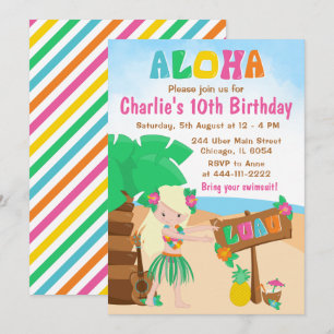 Aloha Luau Strand Verjaardag Blond Haar Meisje Uit Kaart
