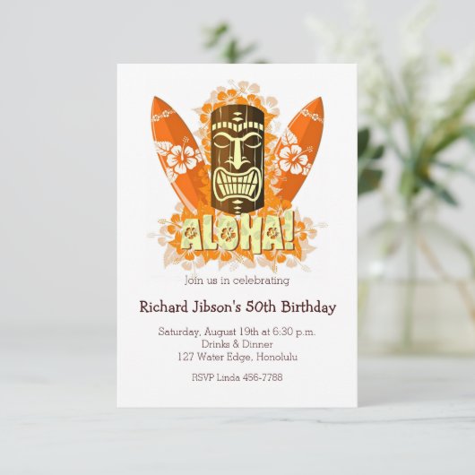 Aloha Luau Tiki Mask Beach Party Uitnodigingen (Staand voorkant)