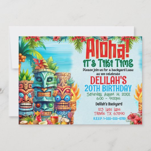 Aloha Luau Tiki Verjaardagsfeestje Kaart (Voorkant)