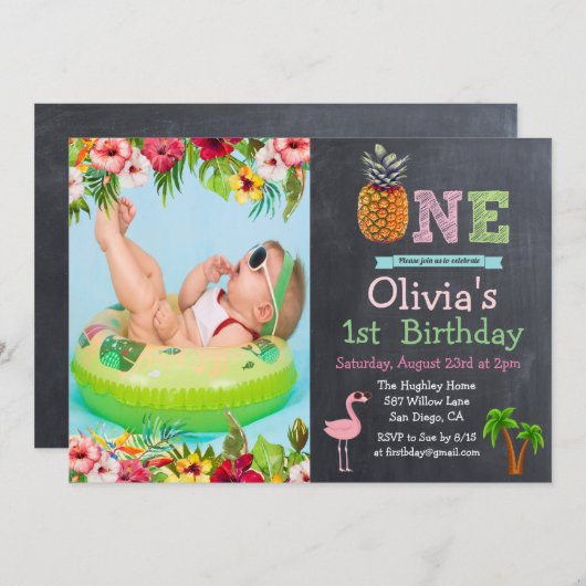 Aloha Luau Tropical 1e Verjaardag uitnodiging (Voorkant / Achterkant)