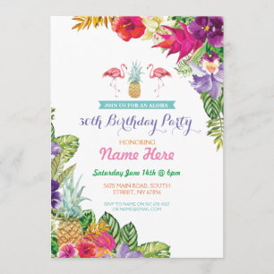 Aloha Luau Tropical Birthday Flamingo Party Invite Kaart