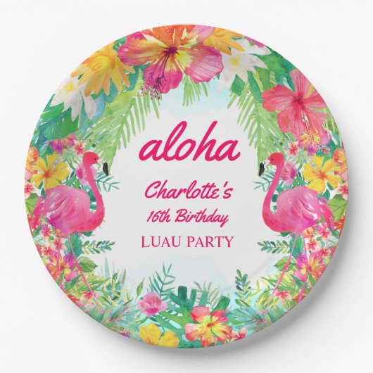 Aloha Luau Tropical Flamingo Birthday Party Papieren Bordje (Voorkant)