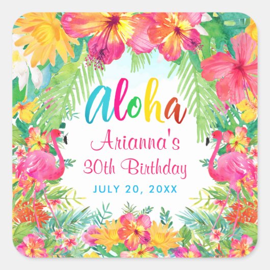 Aloha Luau Tropical Flamingo Birthday Vierkante Sticker (Voorkant)