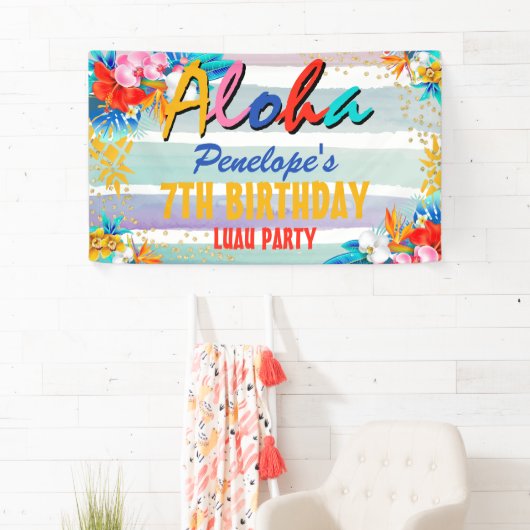 Aloha Luau Tropical Glitter Birthday Party Banner (Insitu)