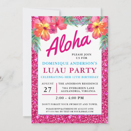 Aloha Luau Tropical Hawaiian Pink Glitter Kaart (Voorkant)