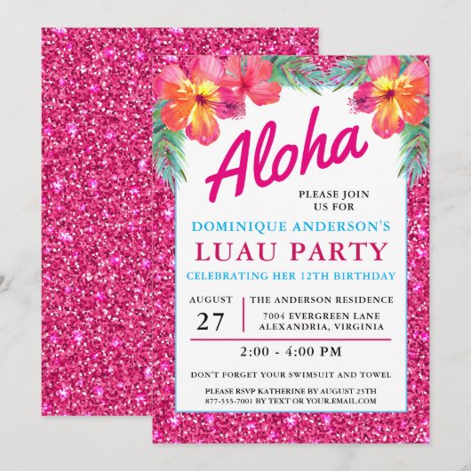Aloha Luau Tropical Hawaiian Pink Glitter Kaart (Voorkant / Achterkant)