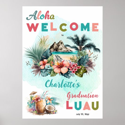 Aloha Luau Tropical Island Beach Graduparty Poster (Voorkant)